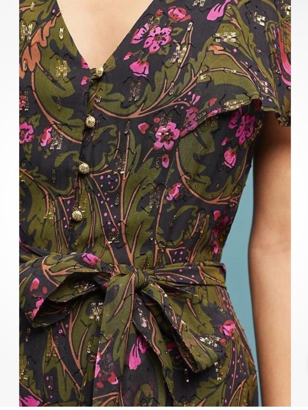 Anthropologie Olive Brenda Green Floral Jumpsuit with Pink Accents Sz 2 - Picture 5 of 11